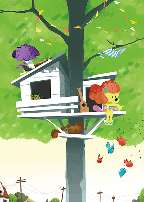 arbre-campagne-ville-treehouse-maison dans les arbres-vacances-mouk-illustration-illustrateur-brest